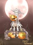  1girl animal_ears barefoot full_moon happy_halloween hat highres jack-o&#039;-lantern jack-o'-lantern moon original pumpkin saku_(sakuto_kazanami) sakuto_kazanami scarf solo tail yellow_eyes 
