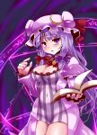  1girl blush book bow breasts bursting_breasts cleavage crescent dress hair_bow hair_ribbon highres large_breasts lilish long_hair magic_circle open_mouth patchouli_knowledge purple_eyes purple_hair ribbon solo touhou violet_eyes 