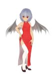  1girl alternate_costume bare_shoulders bat_wings blue_hair blush china_dress chinese_clothes garter_straps high_heels looking_at_viewer peperoncirno red_eyes remilia_scarlet shoes short_hair side_slit solo thigh-highs thighhighs touhou white_legwear wings 