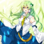  1girl blush breasts detached_sleeves frog_hair_ornament green_eyes green_hair hair_ornament hair_tubes kochiya_sanae long_hair necktie open_mouth skirt smile snake_hair_ornament solo touhou 