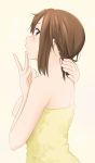  1girl brown_eyes brown_hair from_behind highres hirasawa_yui holding_hair k-on! kanau looking_back naked_towel short_hair solo towel v 