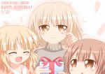  3girls ^_^ birthday blonde_hair brown_eyes brown_hair closed_eyes gift happy_birthday kagerou_(kers) long_hair multiple_girls oomuro_hanako oomuro_nadeshiko oomuro_sakurako open_mouth short_hair siblings sisters smile yuru_yuri 