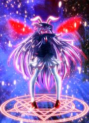  1girl animal_ears bunny_ears glowing glowing_eyes hijikawa_arashi long_hair magic_circle necktie purple_hair rabbit_ears red_eyes reisen_udongein_inaba skirt solo thigh-highs thighhighs touhou very_long_hair white_legwear zettai_ryouiki 