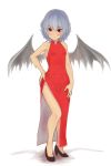  1girl alternate_costume bare_legs bare_shoulders bat_wings blue_hair blush china_dress chinese_clothes high_heels looking_at_viewer peperoncirno red_eyes remilia_scarlet shoes short_hair side_slit solo touhou wings 