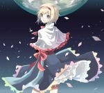  1girl alice_margatroid blonde_hair blue_eyes capelet dress from_behind hairband looking_back moon open_mouth ozone_(delta_minus_1) petals sash short_hair solo touhou 