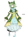  1girl bow frills gastrodon green_eyes green_hair grey_eyes hairband highres merlusa personification pigeon-toed pokemon short_hair simple_background smile solo striped striped_legwear white_background 