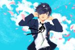  1boy arisato_minato blue_eyes blue_hair hair_over_one_eye headphones magatsumagic persona persona_3 petals school_uniform solo 