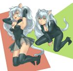 2girls animal_ears armpits bodysuit boots breasts cat_ears cat_tail character_request cleavage copyright_request grey_hair heterochromia high_heels jumping leaning_forward leotard long_hair multiple_girls quot shoes sitting skirt tail thigh-highs thigh_boots thighhighs 