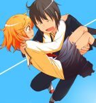  1boy 1girl black_hair blazer blush carrying couple kotoura-san kotoura_haruka manabe_yoshihisa open_mouth orange_eyes orange_hair princess_carry school_uniform serafuku shiotan smile 