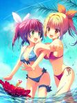  2girls :d bikini blonde_hair feet_in_water flower green_eyes highres marin multiple_girls navel open_mouth orange_eyes pink_hair plaid plaid_bikini ponytail red_hair redhead reia ribbon side-tie_bikini smile soaking_feet swimsuit thigh_ribbon umi_monogatari urin_(umi_monogatari) water
partially_submerged 