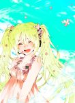  1girl abiba_(159357) closed_eyes colored eyes_closed flower green_hair hatsune_miku long_hair open_mouth smile solo twintails very_long_hair vocaloid 