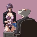  1girl aramaki_daisuke artist_request bald breasts commentary ghost_in_the_shell kusanagi_motoko large_breasts leotard lowres oekaki open_clothes open_jacket purple_hair short_hair thigh-highs thighhighs 