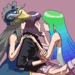 3girls artist_request bare_shoulders bird blue_hair blush closed_eyes commentary crossover eyes_closed ghost_in_the_shell gradient_hair green_hair hime_cut horned_helmet incipient_kiss kusanagi_motoko leotard lindows linux linux-tan long_hair lowres multicolored_hair multiple_girls oekaki open_clothes open_jacket os-tan payot penguin purple_hair resisting silver_hair thigh-highs thighhighs yuri 