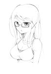  1girl breasts cleavage glasses long_hair monochrome open_mouth original simple_background solo white_background yosinobu 