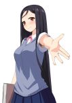  1girl armpit_hair black_hair blush book copyright_request ereraero long_hair looking_at_viewer outstretched_arm outstretched_hand red_eyes ribbon simple_background skirt smile solo uniform up_sleeve very_long_hair vest white_background 