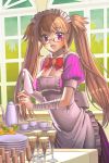  1girl :d apron bandage bandages blonde_hair breasts cleavage female glasses maid_headdress open_mouth pinstripe_pattern puffy_short_sleeves puffy_sleeves purple_eyes short_sleeves smile solo sword_girls twintails violet_eyes 