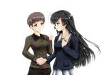  2girls black_hair brown_eyes brown_hair girls_und_panzer handshake isuzu_hana jacket kenbu long_hair multiple_girls naomi short_hair thumbs_up 