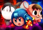  arm_cannon black_hair blue_eyes brown_hair fusion haychel helmet kirby multiple_persona open_mouth pink_skin ponytail rockman rockman_(character) rockman_(classic) smile super_smash_bros. trainer_(wii_fit) villager_(doubutsu_no_mori) watermark weapon web_address white_skin wii_fit 
