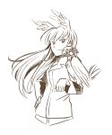  1girl animal_ears bird character_request hand_on_hip hanna-justina_marseille long_hair monochrome mukiki simple_background sketch smile solo strike_witches white_background 
