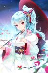  1girl blue_hair butterfly japanese_clothes juna kimono long_hair night ponytail red_eyes sky smile sword_girls umbrella 