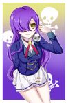  aikatsu! hair_over_one_eye kantaka long_hair michiru_kurosawa mole purple_hair skull skull_and_crossbones solo yellow_eyes 