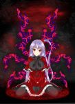  1girl black_legwear blood bloody_tears breasts capelet dress gmot hair_bobbles hair_ornament highres large_breasts long_hair magic_circle red_eyes shinki side_ponytail silver_hair sitting smile solo tears touhou wariza wings 