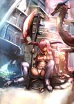  1girl arm_support bare_shoulders bow_(bhp) breasts cleavage dark_skin dragon fingerless_gloves gloves hair_over_one_eye highres horns large_breasts long_hair monster_girl navel open_mouth original pink_hair sitting spread_legs thigh-highs thighhighs weapon 