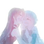  2girls blue_hair cape closed_eyes eyes_closed fang gloves hair_down hand_on_another&#039;s_face hand_on_another's_face lowres magical_girl mahou_shoujo_madoka_magica miki_sayaka mizuki_(flowerlanguage) multiple_girls red_hair redhead sakura_kyouko short_hair tears 