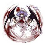  1girl angry ascot bow brooch bust character_name clenched_teeth dress fangs fingernails hat hat_ribbon highres hima_(mizu_ni_tsuyoi) jewelry long_fingernails mob_cap puffy_short_sleeves puffy_sleeves purple_hair remilia_scarlet ribbon short_hair short_sleeves slit_pupils solo touhou wings 