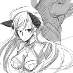  1girl breasts character_request cleavage haik hat long_hair melfis monochrome shinrabanshou simple_background sketch solo white_background 