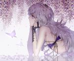  1girl butterfly flower gloves kazari_tayu long_hair lying open_mouth original petals purple_eyes purple_hair solo violet_eyes wisteria 