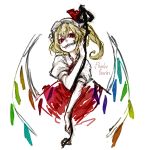  1girl blonde_hair bow bust character_name dress evil_grin evil_smile fangs flandre_scarlet grin hat hat_ribbon highres hima_(mizu_ni_tsuyoi) laevatein mob_cap puffy_short_sleeves puffy_sleeves red_eyes ribbon short_hair short_sleeves side_ponytail slit_pupils smile solo touhou weapon white_background wings 