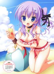  :d absurdres ball beach beachball bikini blue_eyes blush breast_hold breasts cat choker cleavage fang highres kneeling large_breasts lotion_bottle mihama_hitsuji moribe_(rabumanyo) natsu_yume_nagisa ocean off_shoulder open_mouth purple_hair sand shiny shiny_skin side_ponytail sky smile solo strap_slip sun sweat swimsuit untied untied_bikini water 