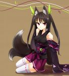  1girl animal_ears blush breasts fox_ears fox_tail haik highres long_hair multiple_tails original simple_background skirt smile solo tail thigh-highs thighhighs 