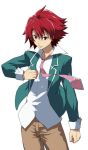  1boy ereraero looking_at_viewer looking_up male necktie parted_lips popped_collar red_hair redhead simple_background solo spiked_hair spiky_hair standing star_driver tsunashi_takuto uniform white_background 