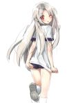  1girl ;p adjusting_buruma ass blush buruma fate/stay_night fate_(series) female gym_uniform highres illyasviel_von_einzbern long_hair looking_at_viewer peko red_eyes simple_background sketch solo standing standing_on_one_leg tongue tongue_out very_long_hair white_background white_hair wink 