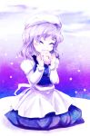  1girl blush closed_eyes daifuku eating eyes_closed food hat kneeling lavender_hair letty_whiterock scarf short_hair sisenshyo smile solo touhou 