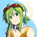  1girl ahoge bare_shoulders bust caffein detached_collar goggles goggles_on_head green_eyes green_hair gumi headset highres short_hair smile solo vocaloid 