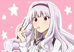  1girl blush chopsticks eating food hairband highres idolmaster long_hair noodles pink_eyes purple_hair ramen shijou_takane solo ts512zkb 