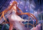  asukaziye asuna_(sao) bare_shoulders braid brown_eyes brown_hair butterfly cage choker cloud clouds dress elbow_gloves elf gloves long_hair looking_at_viewer looking_back night night_sky pointy_ears sky solo sword_art_online titania_(sao) very_long_hair yuuki_asuna 