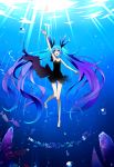  1girl absurdres ahoge aqua_hair arm_up blue_eyes bubble dress fish gradient_hair hatsune_miku highres long_hair multicolored_hair open_mouth purple_hair reaching shinkai_shoujo_(vocaloid) solo submerged temari_(deae) twintails underwater very_long_hair vocaloid water 