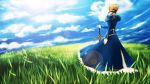  1girl ahoge blonde_hair caliburn dress fate/stay_night fate_(series) field from_behind hair_ribbon hand_on_hilt highres juliet_sleeves lawliert long_sleeves planted_sword planted_weapon puffy_sleeves ribbon saber sky solo sword weapon 
