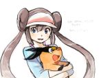  1girl blue_eyes blue_hair blush double_bun happy hug long_hair mei_(pokemon) pokemon pokemon_(game) pokemon_bw2 raglan_sleeves smile tepig translated translation_request twintails very_long_hair visor_cap yoplait 
