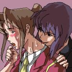  2girls artist_request blush brown_hair character_request commentary ghost_in_the_shell kusanagi_motoko licking licking_neck long_hair lowres multiple_girls necktie oekaki operator_(ghost_in_the_shell) ponytail purple_hair sweat wince yuri 