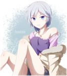  1girl :d anastasia_(idolmaster) blue_eyes camisole coat idolmaster idolmaster_cinderella_girls jewelry legs necklace open_mouth short_hair shorts silver_hair sitting smile solo strap_slip tri 