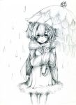  1girl copyright_request hibarisann looking_at_viewer monochrome rain short_hair solo traditional_media umbrella 