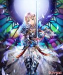 1girl absurdres armor armored_dress blonde_hair blue_eyes feathers highres jewelry knight original shield shingoku_no_valhalla_gate short_hair solo standing sword toi_(4089597) warrior weapon 