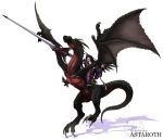  1girl ars_goetia astaroth_(mygrimoire) black_hair character_name claws dragon kyousaku long_hair mygrimoire original polearm riding spear tail weapon wings 