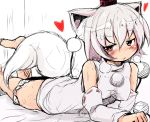  1girl absurdres animal_ears bare_shoulders blush goyouga-deann hat heart highres inubashiri_momiji looking_at_viewer no__pants no_pants panties panty_pull short_hair silver_hair solo tail tokin_hat tongue touhou underwear white_background wolf_ears wolf_tail 