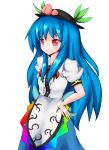  1girl blue_hair blush bow food fruit hand_on_hip hat highres hinanawi_tenshi krace long_hair peach red_eyes simple_background smile solo touhou very_long_hair white_background 